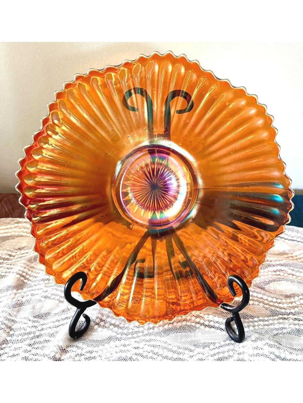 Vintage Marigold Carnival Glass Bowl Iridescent Ribbed Scalloped 10 inches